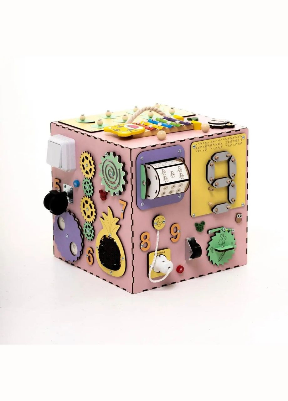 Дитячий ігровий розвиваючий бізікуб з дерева для дівчаток Рожевий 30х30х30 см Handmade 213-001-004 (346085175)