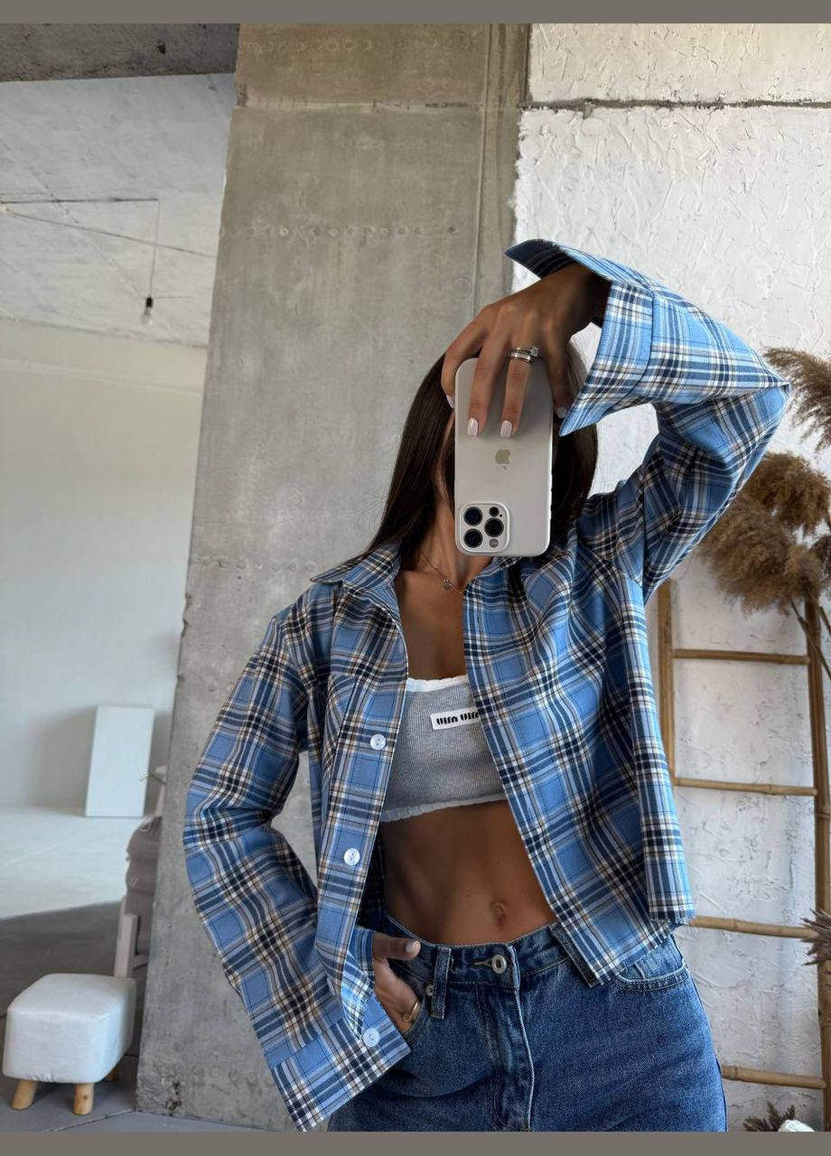 Голубой повседневный рубашка в клетку Гермес с длинным рукавом