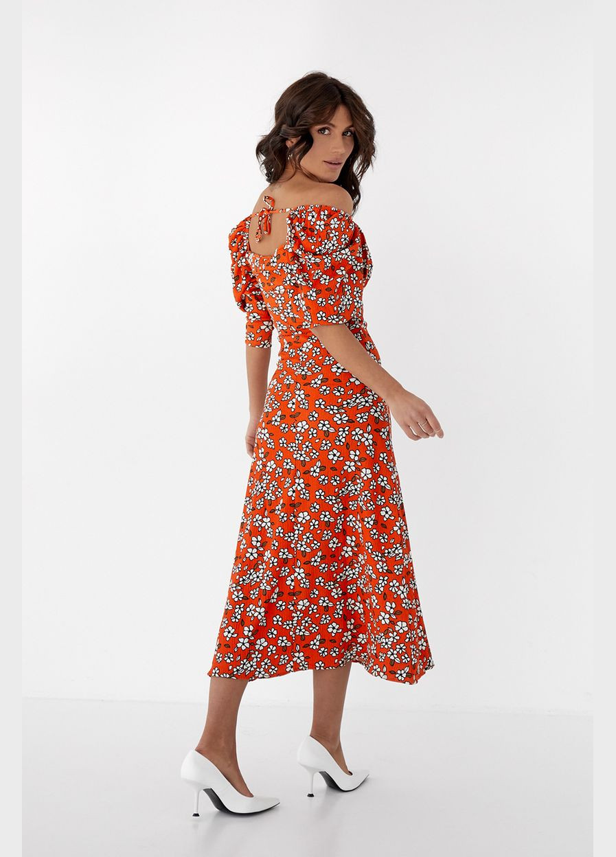 Помаранчева повсякденний довга сукня з пишними рукавами 8115 Lurex з квітковим принтом