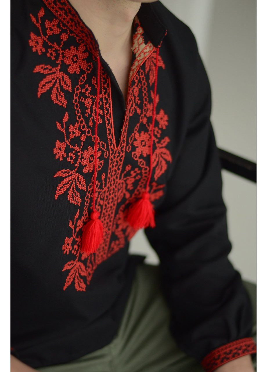 Чорна чорна чоловіча вишиванка з червоним борщагівським орнаментом візерунок орнамент бавовна (353390238)