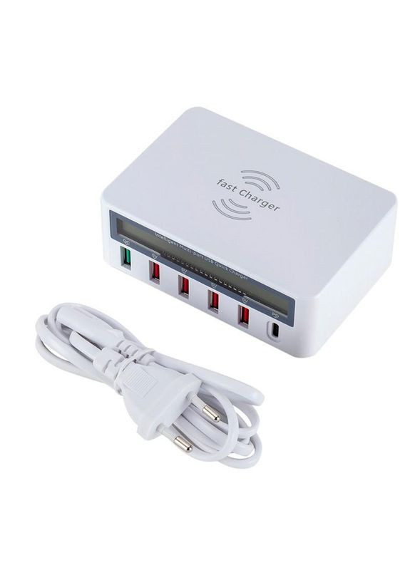 Зарядное устройство WLX-818PF 100W 1xUSB QC3.0 / 4xUSB / 1xPD Type-C / беспроводная зарядка Qi 10W - White Primo (262296130)