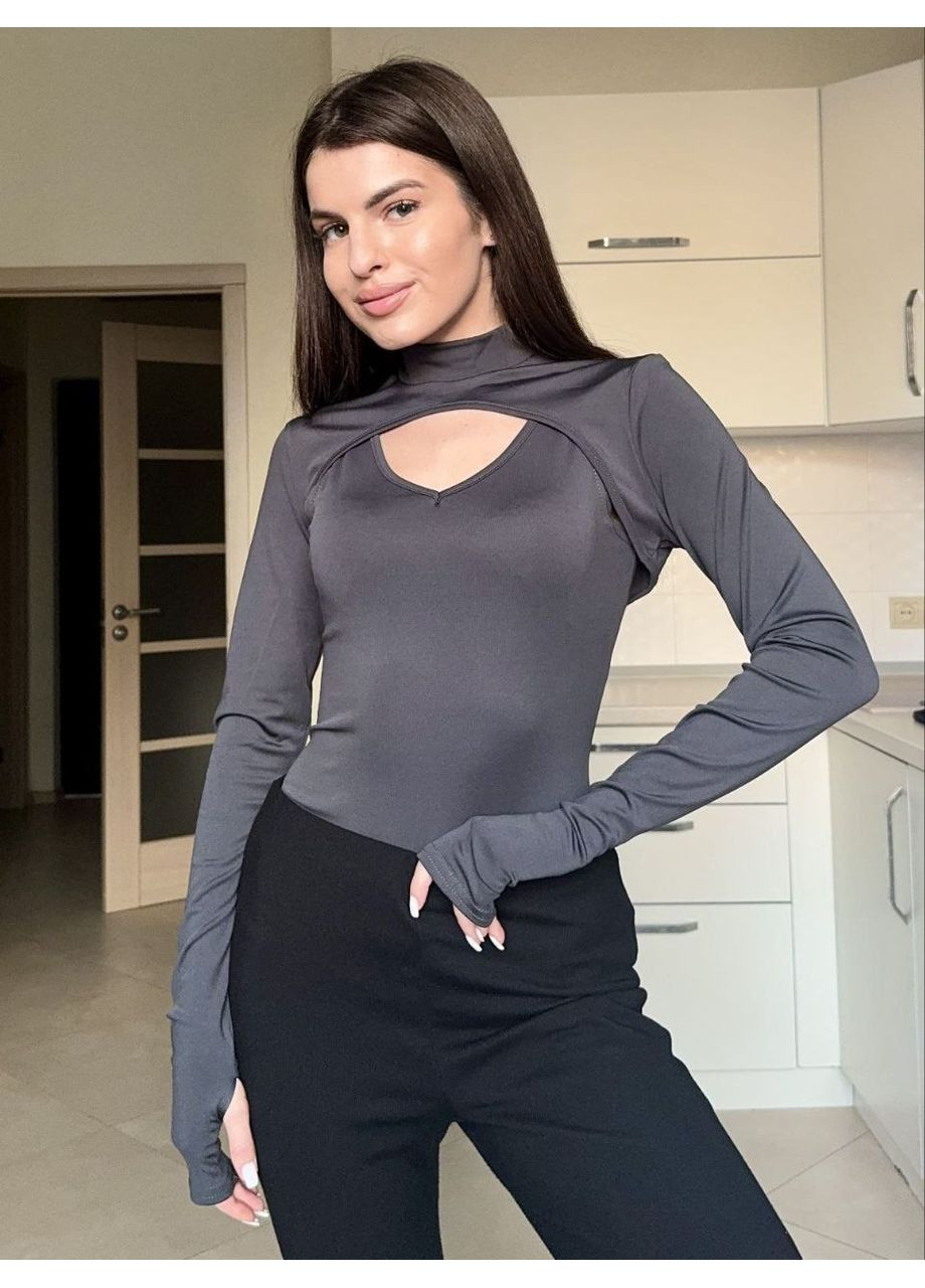 Жiночий боді+топ з рукавом сiрого кольору 35542 No Brand (365686109)