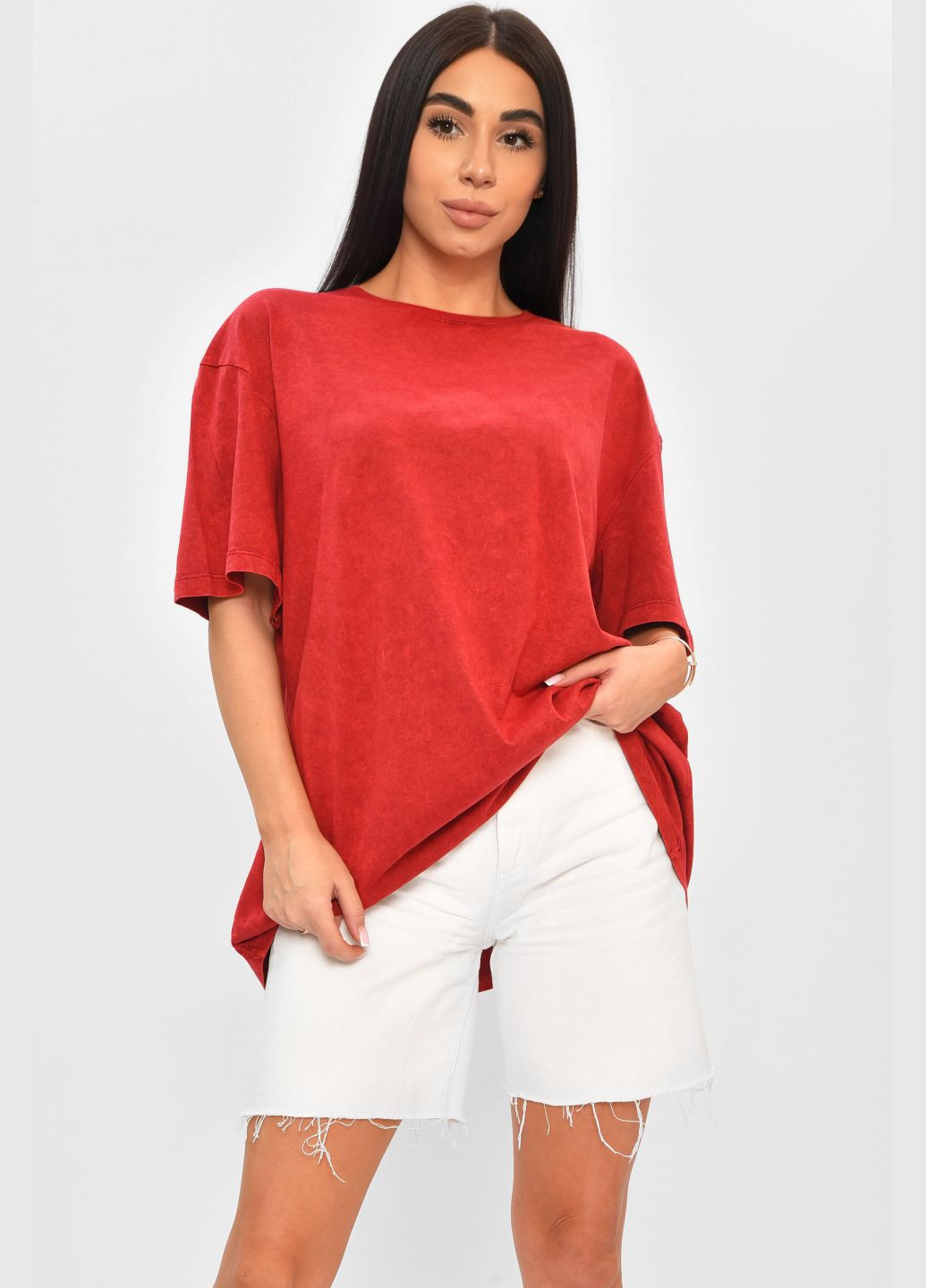 Футболка жіноча однотонна червоного кольору Let's Shop - (335973031)