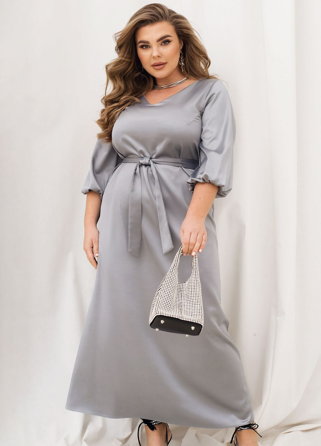 Серое праздничный, вечернее шелковое вечернее платье колокол, а-силуэт No Brand однотонное