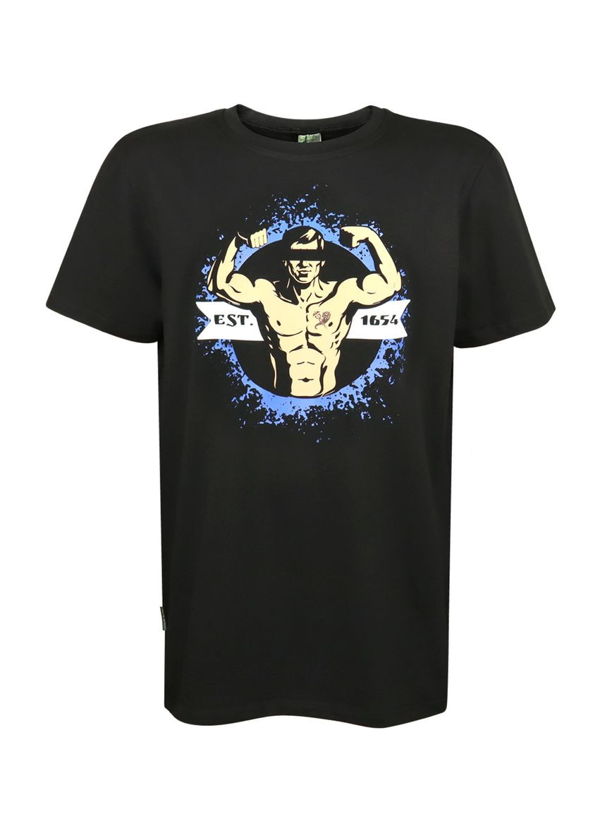 Чорна футболка чорна з коротким рукавом кулір з принтом est. 1654 4PROFI