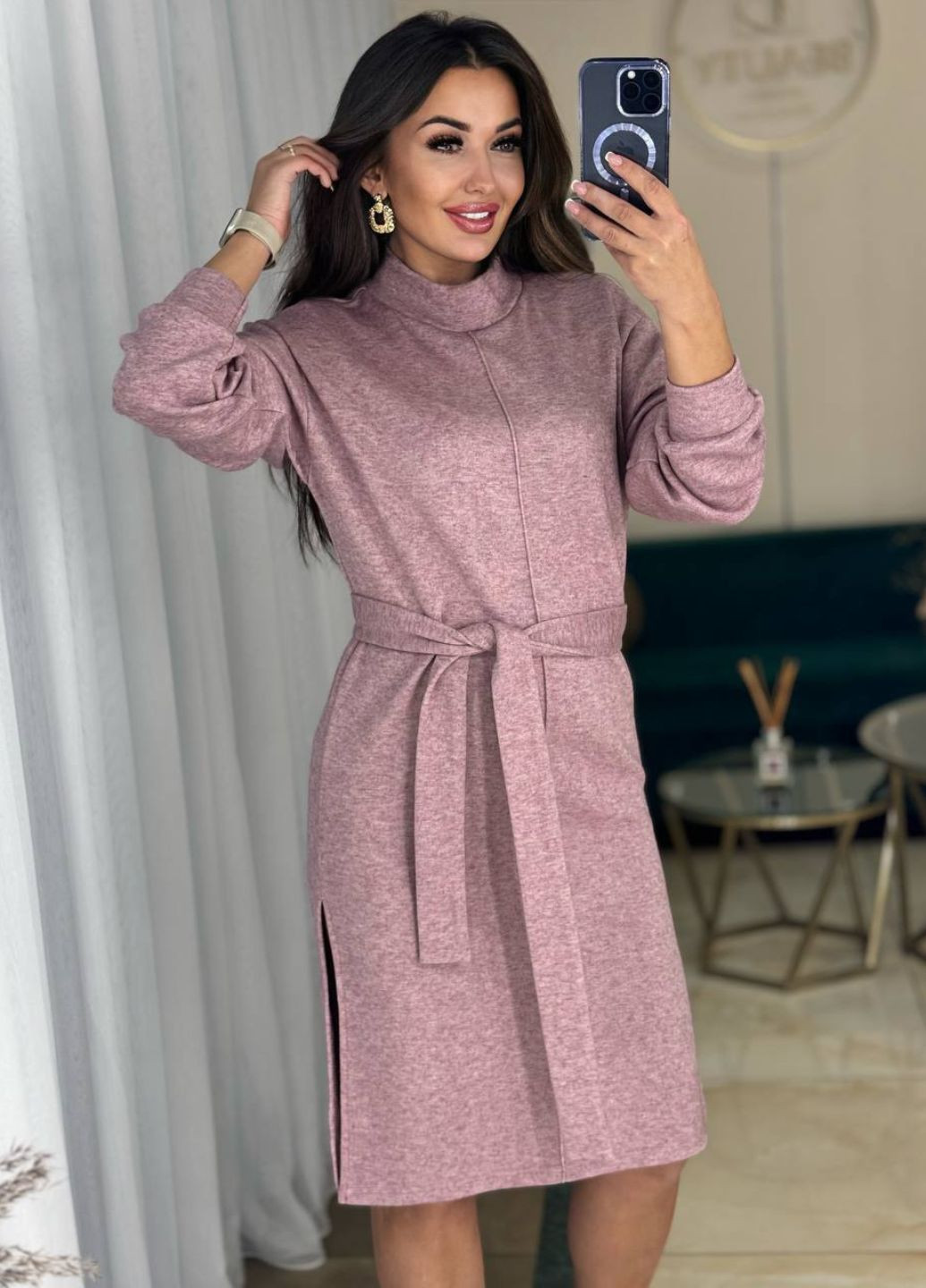 Пудровое повседневный миди платье с разрезами и поясом Україна меланжевое