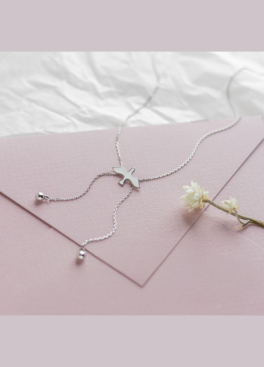 Колье серебряное Птичка с белой эмалью и двумя бусинами на цепочках Каштан (342334691)