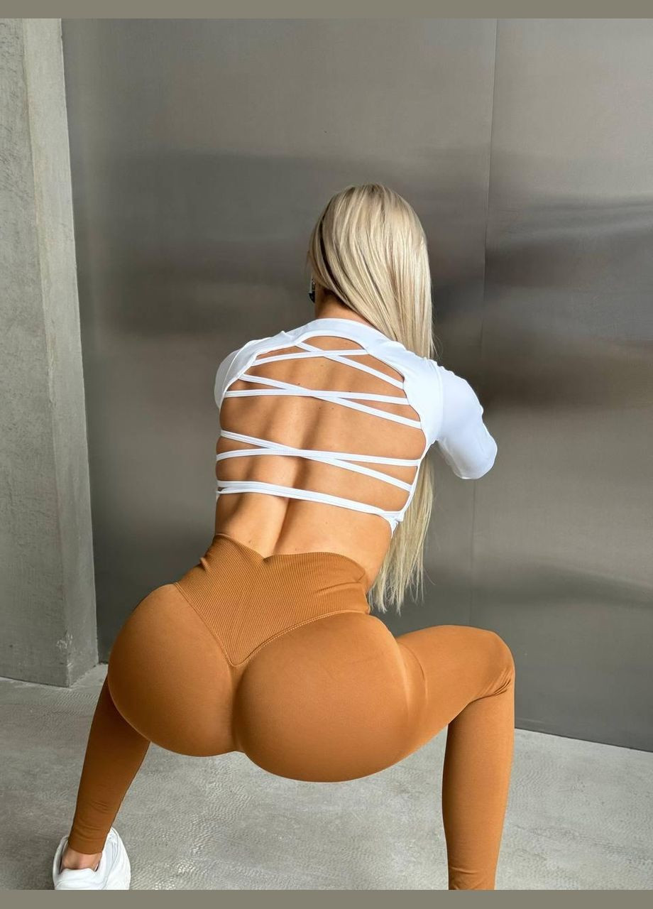 Спортивний комплект (рашгард «на бретелях» з чашками та легінси з пуш-ап ефектом), білий + шоколад, розмір S Trends (330756890)