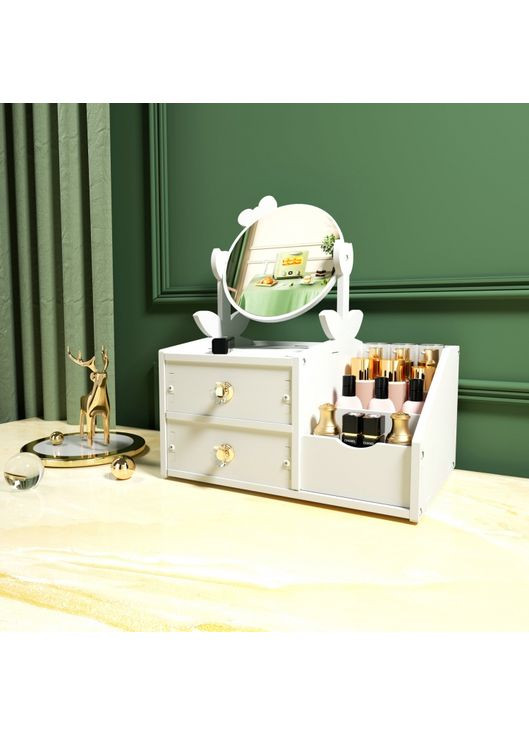 Настільний комод для косметики та прикрас із зеркалом білий органайзер для столу з зеркалом, що обертається ProDobro (365440922)