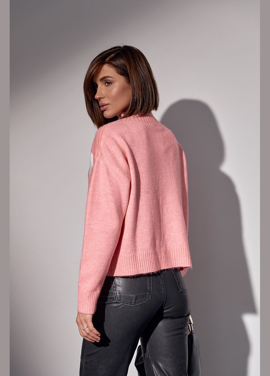 Розовый зимний вязаный свитер с двумя сердечками 6800 Lurex