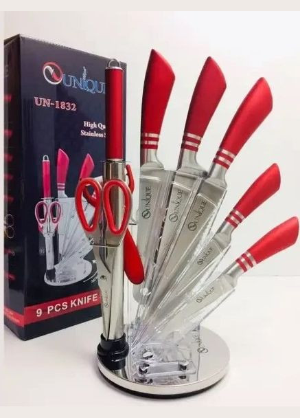 Набір кухонних ножів на 9 предметів з ножицями та овочечисткою червоний (2075750404) Unique UN-1832 червоний, пластик, нержавіюча сталь
