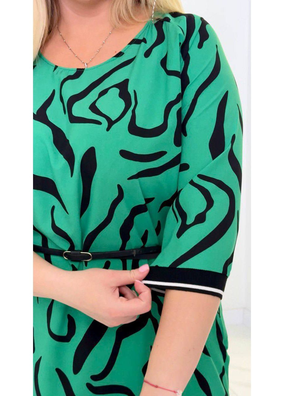 Зелена святковий, повсякденний, ділова, кежуал жіноча сукня з поясом великих розмірів Style Point з абстрактним візерунком