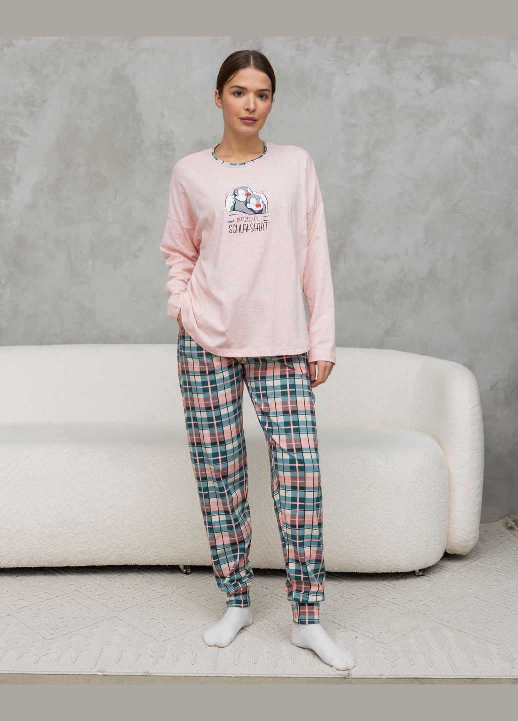 Персикова жіночий комплект зі штанами в клітку Nicoletta