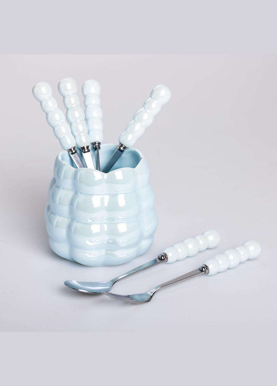 Набор десертных вилок и ложек с керамической подставкой, голубой Yiwu (325449577)