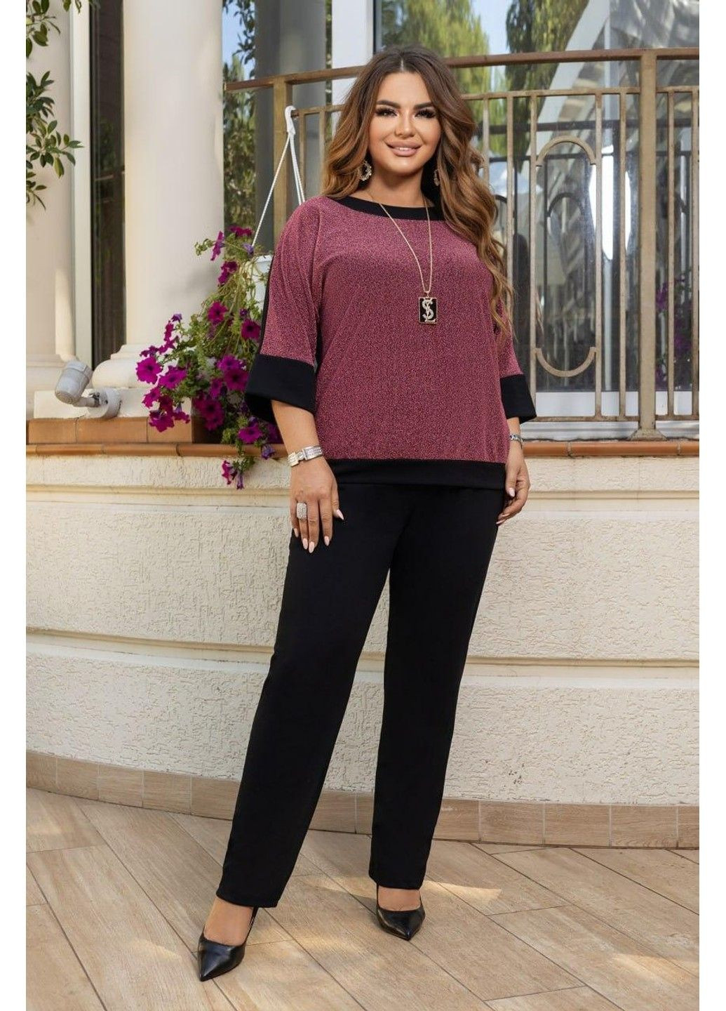 Деловой костюм с блузой с коротким рукавом, мод ИТ-1376, розовый, размер 58-60 No Brand (355469751)