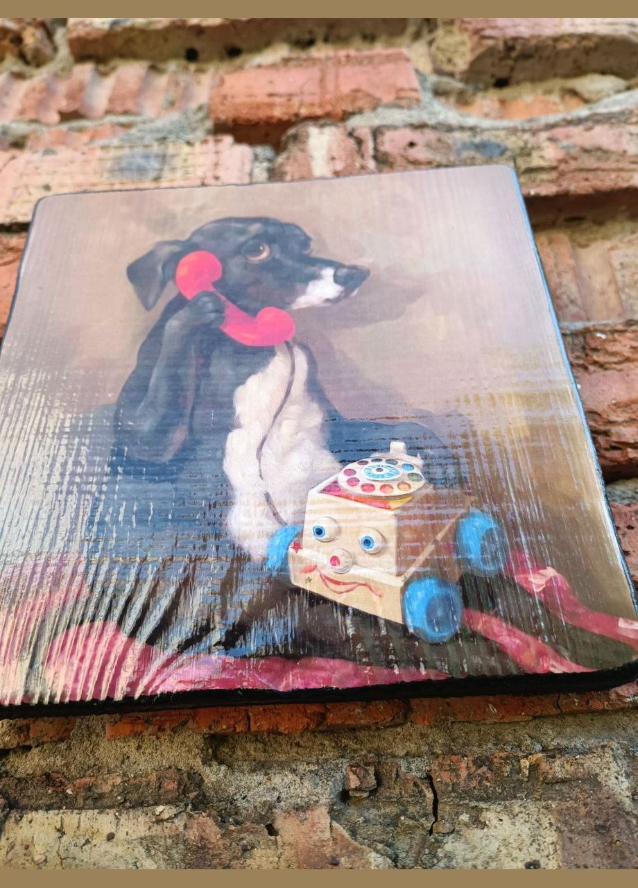 Деревянное панно "Собачка говорит по игрушечному телефону" Handmade (335976165)