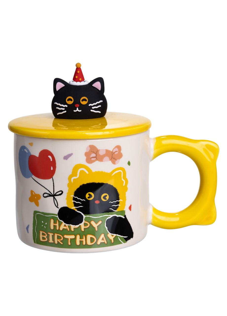 Чашка фарфоровая с крышкой Kitten's Birthday 400 (мл) подарочная кружка прикольная чашка для детей на подарок FM-24B Yiwu (370973996)