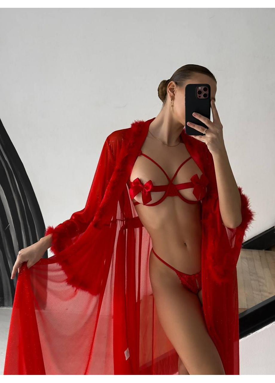 Халат прозорий із пір’ячком і блиском. Халат жіночий довгий червоного кольору з пір’ям і атласним поясом. No Brand (366571573)