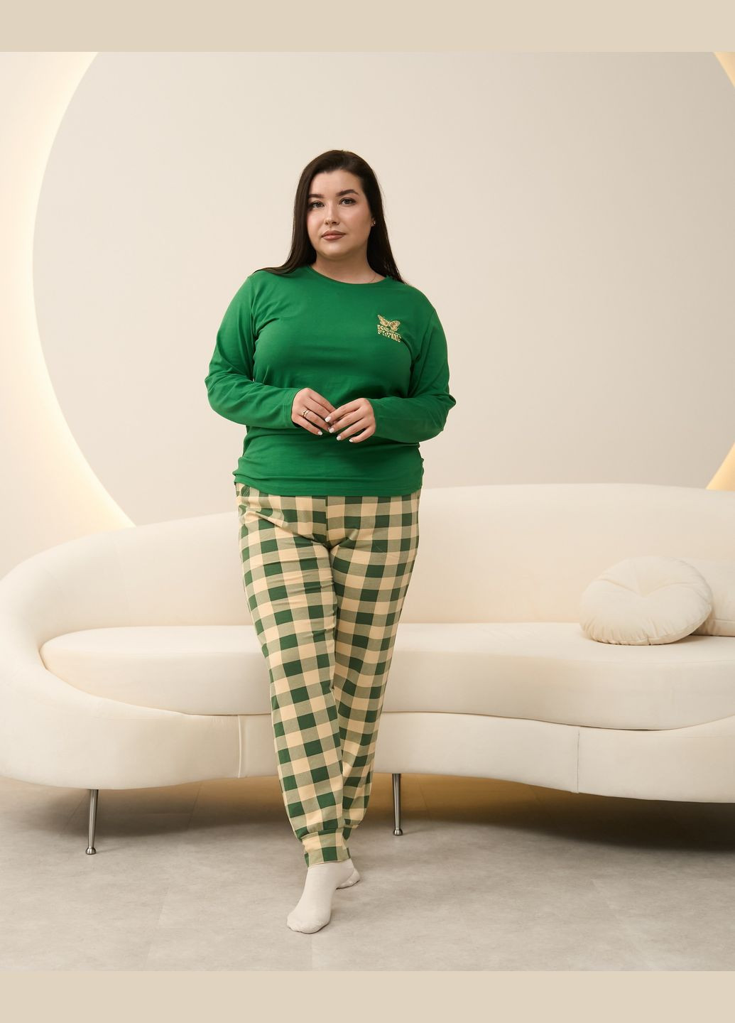 Зеленая батальная пижама со штанами в клетку Nicoletta