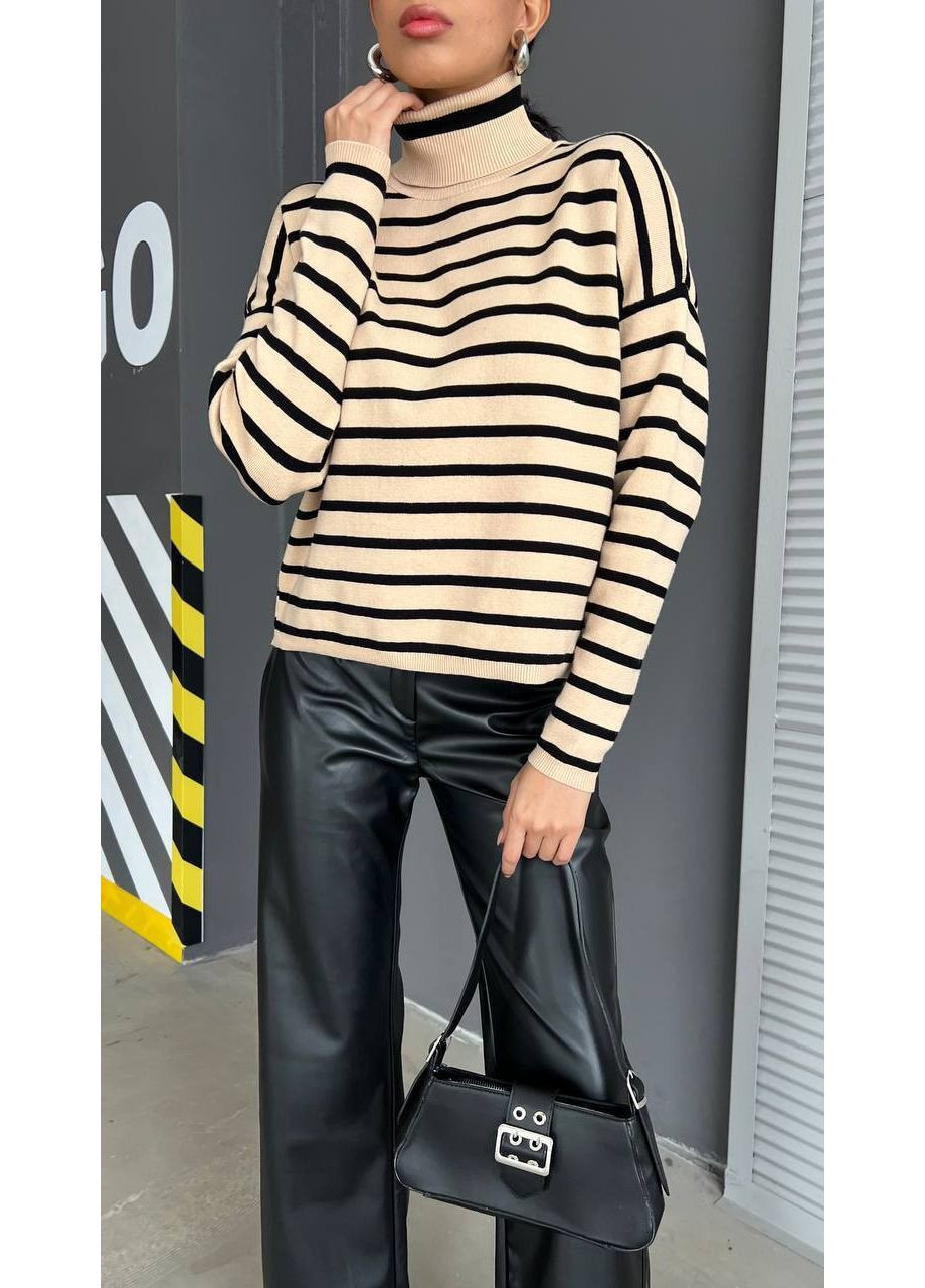 Бежевий демісезонний светр у смужку з високим коміром – замір в описі DK/DL Мода без кордонів