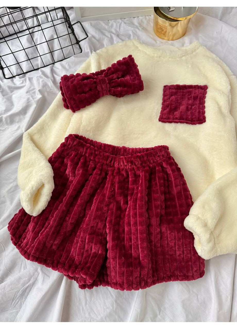 Светло-бордовая всесезон женская пижама тройка свитшот + шорты No Brand