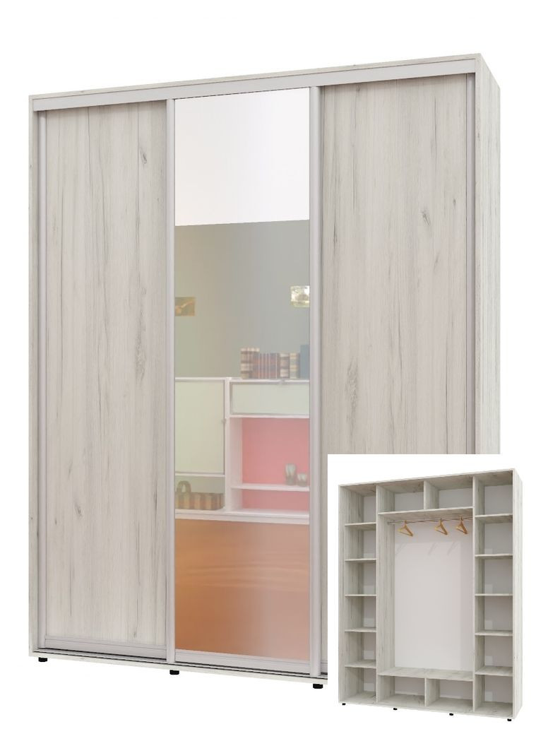 Шкаф-купе трехдверный 170*60*230 см Дуб крафт белый 3 двери ДСП + Зеркало + ДСП ШК-05 Алекса (360476667)