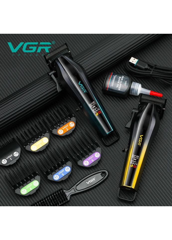 Аккумуляторная машинка для стрижки V-273 c 6 насадками и LED дисплей чорный з зеленым 10 Вт VGR (361309649)