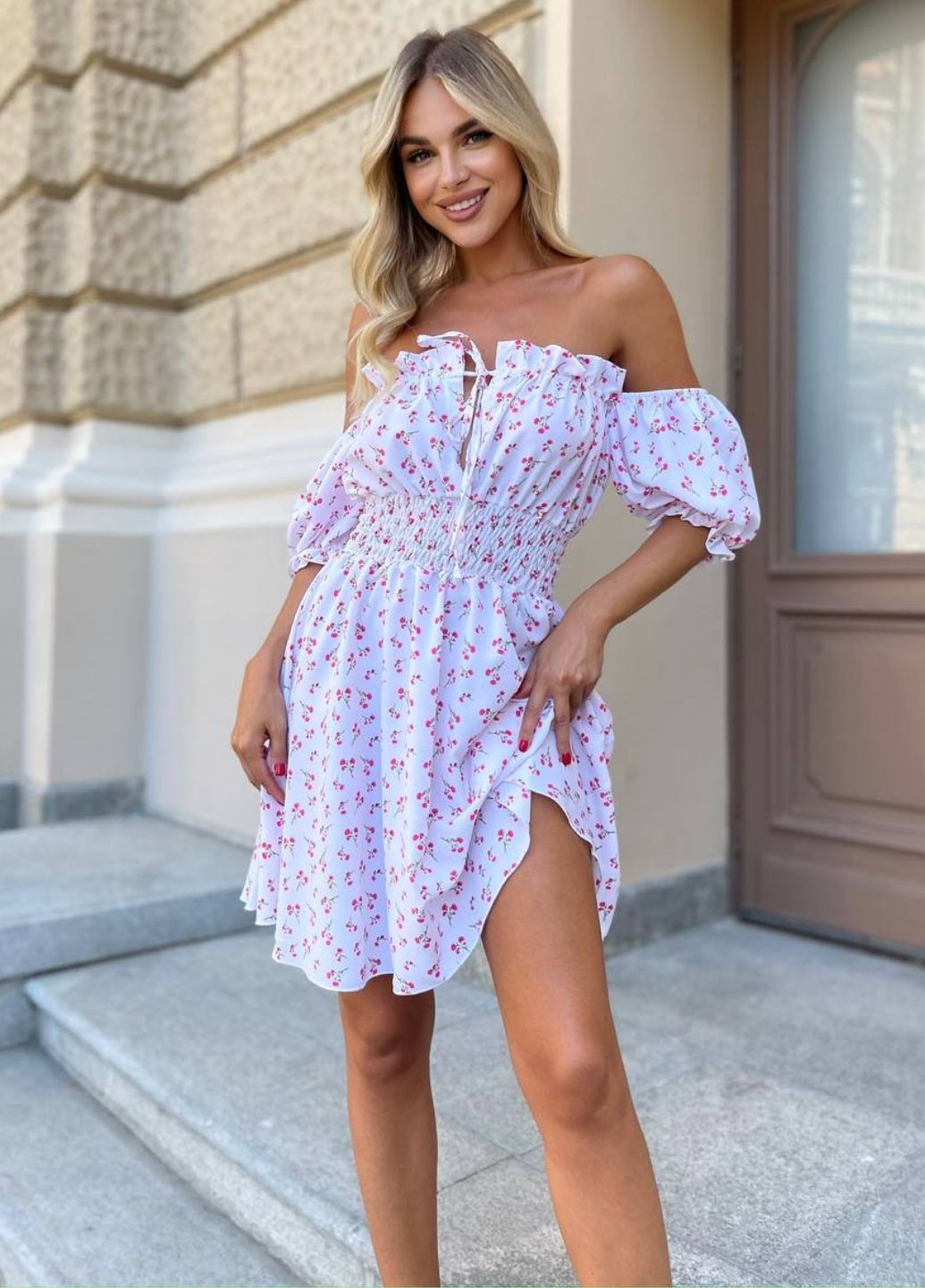 Світло-рожева повсякденний сукня міні з коротким рукавом ліхтарик на гумці з спідницею-сонце Tik-Tak з квітковим принтом