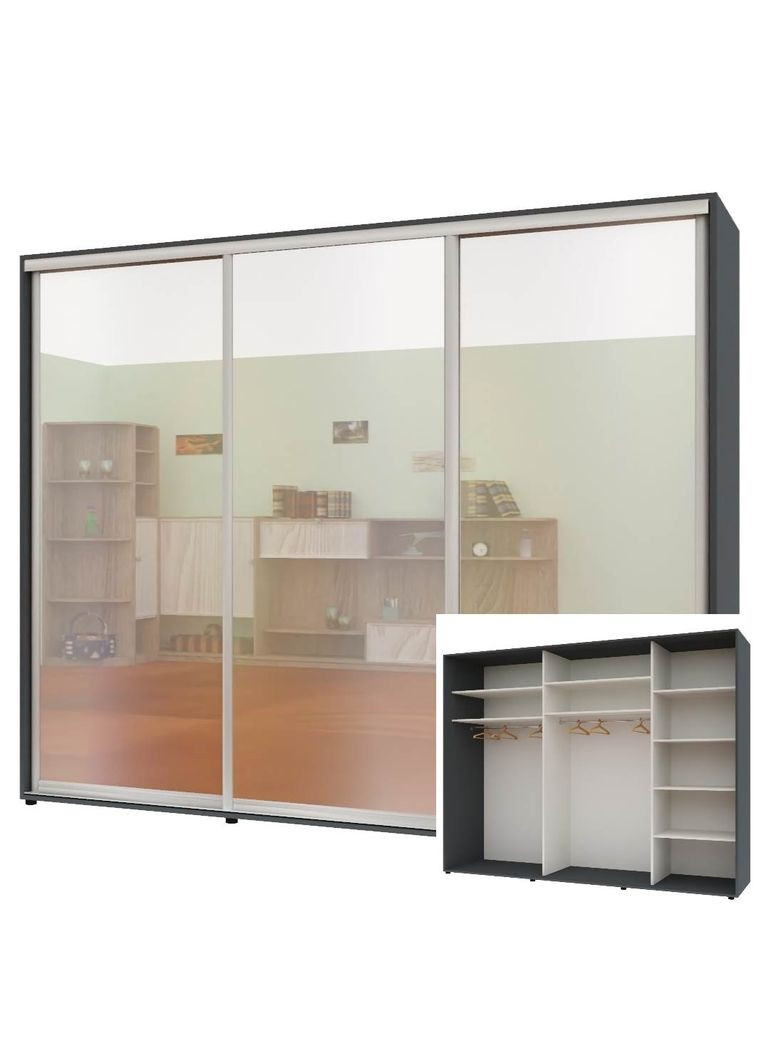 Шкаф-купе трехдверный Комфорт Мебель 270*60*220 см Графит 3 двери Зеркало Стандарт Комфорт Меблі (360438528)