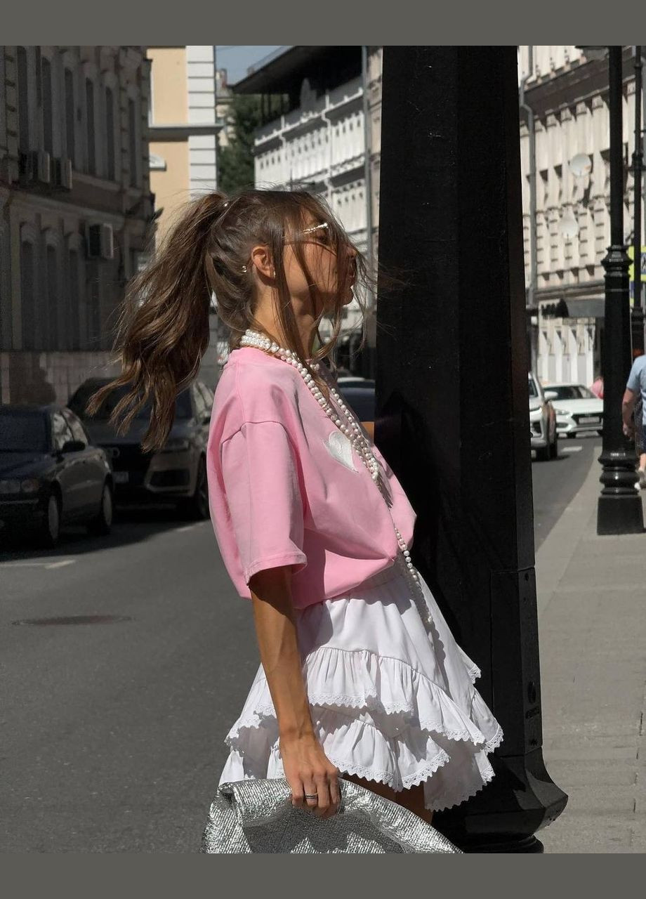 Розовая футболка из турецкого кулира с принтом сердечек на груди,стильная и комфортная для любого образа No Brand 238 - (316302130)