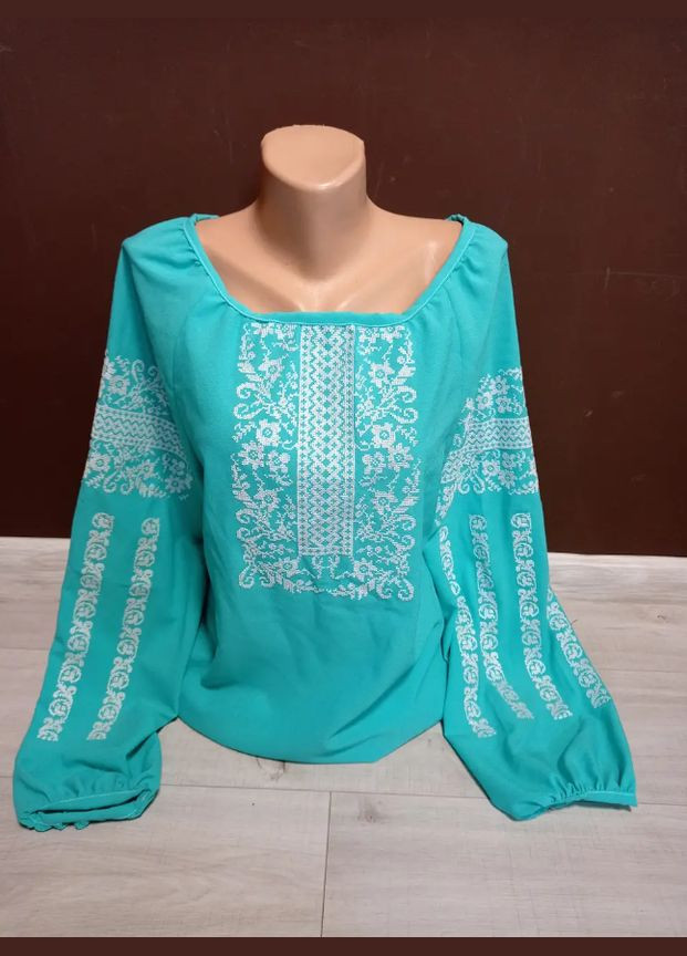 Бирюзовая вышиванка женская рубашка блуза с вышивкой шифон бирюза 42-54 размеры узор украинская символика шифон (313099963)