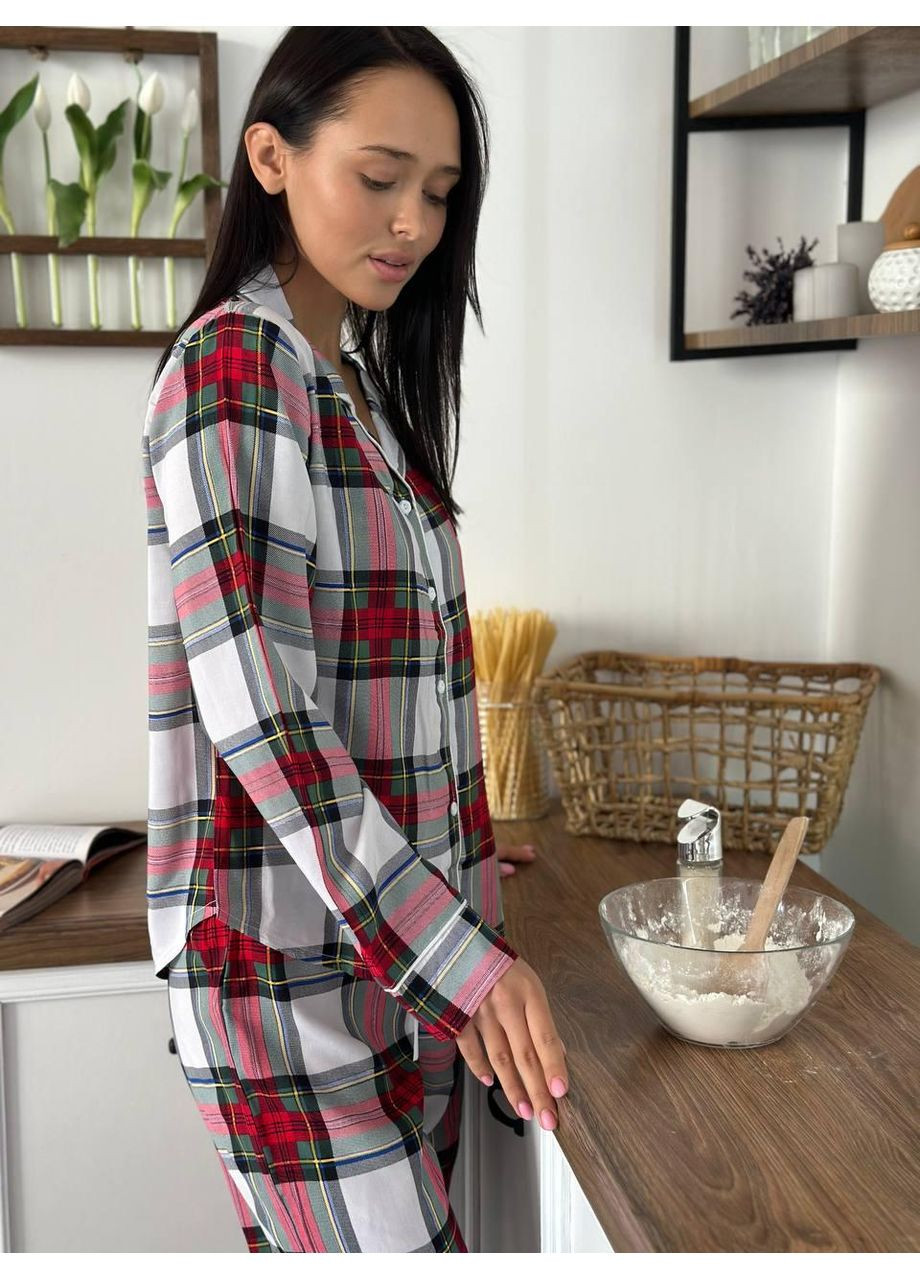 Комбінована жіноча піжама з віскози у клітинку / жіноча піжама віскозна з довгим рукавом / жіноча піжама у клітинку з віскозної тканини No Brand
