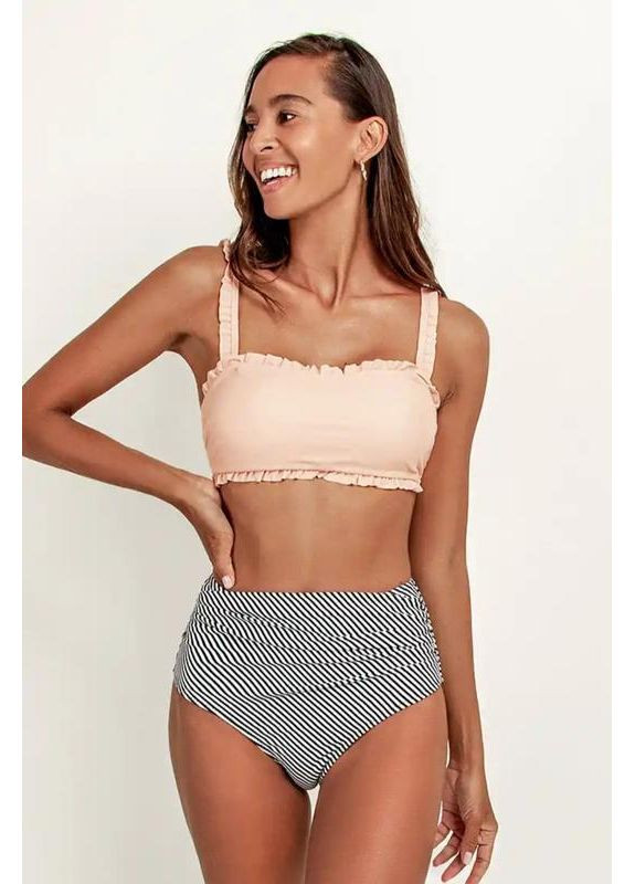 Бежевый стильный раздельный купальник бандо с рюшами и высокой талией. раздельный CUPSHE роздільний купальник