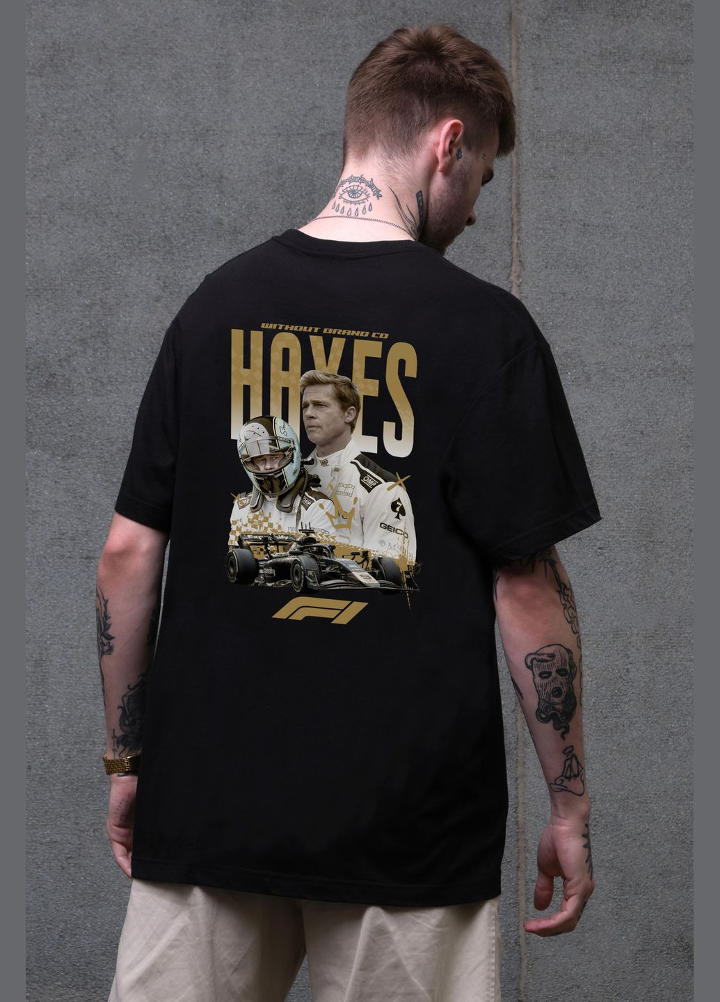 Чорна чоловіча оверсайз футболка з принтом hayes з довгим рукавом Without