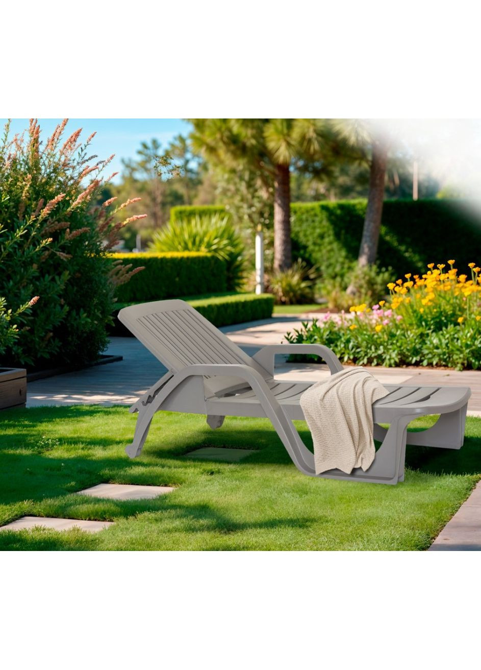 Шезлонг пластиковый BICA Zanzibar бежево-серый для отдыха на улице пляжное кресло с колесиками ProDobro (367266435)