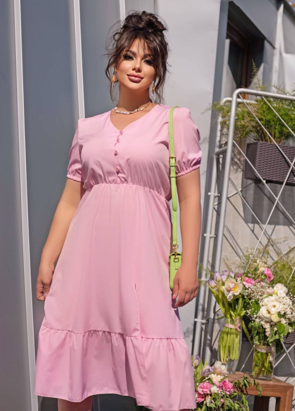 Пудровое повседневный элегантное платье с разрезом Украина однотонное