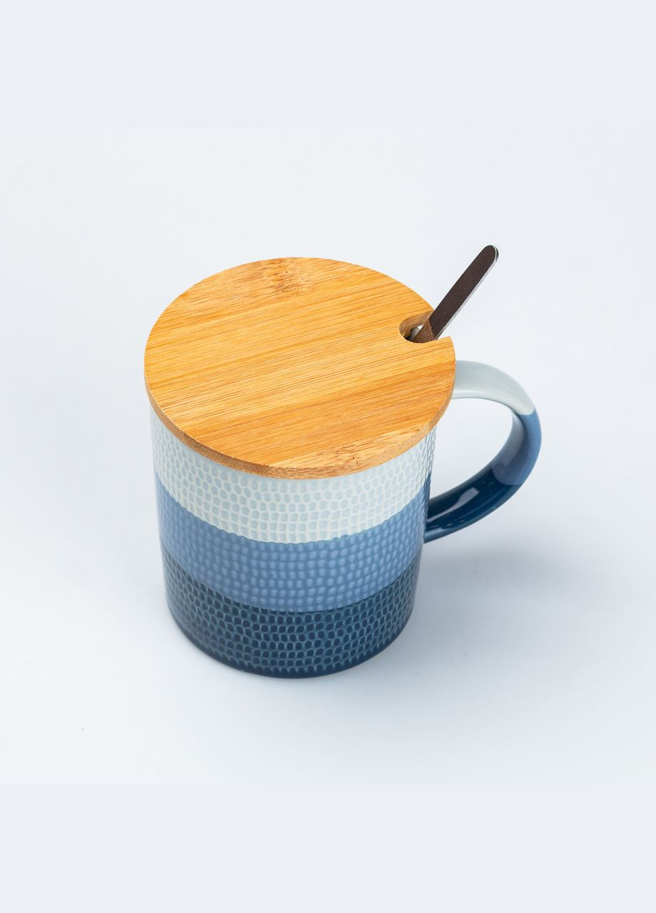 Чашка з бамбуковою кришкою та ложкою керамічна 350 мл Синій TS Kitchen (326066687)
