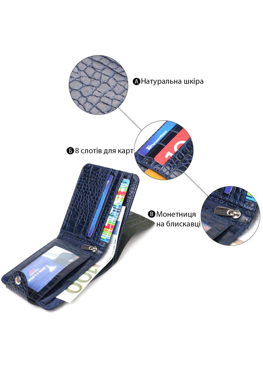 Стильне портмоне для чоловіків у два складення з натуральної фактурної шкіри з тисненням під крокодила 21577 Синє Canpellini (329149205)