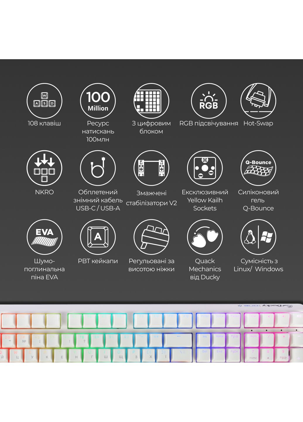 Клавиатура One 3 Cherry MX Red RGB RU USB White (DKON2108ST-RUAPXPWWWSC1) Ducky (363834140)