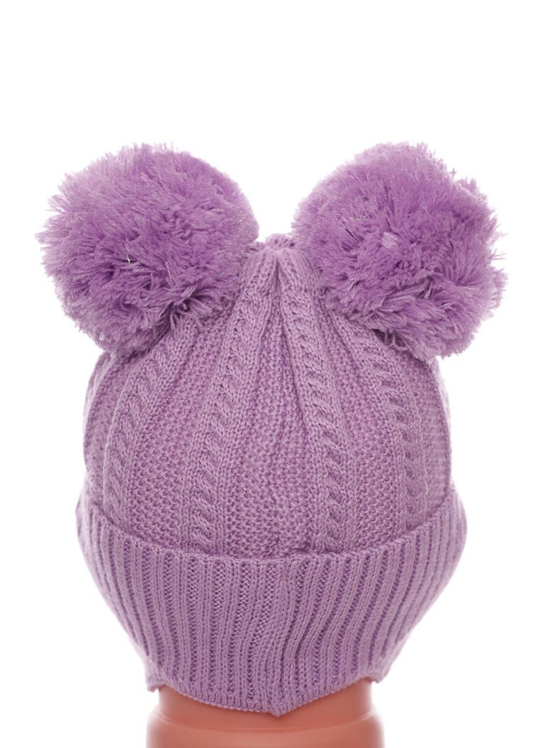 Шапка с бубонами вязкая на трикотаже для девочки с бантиком фиолетовая 1м+ (50254) BABYKROHA (323469508)