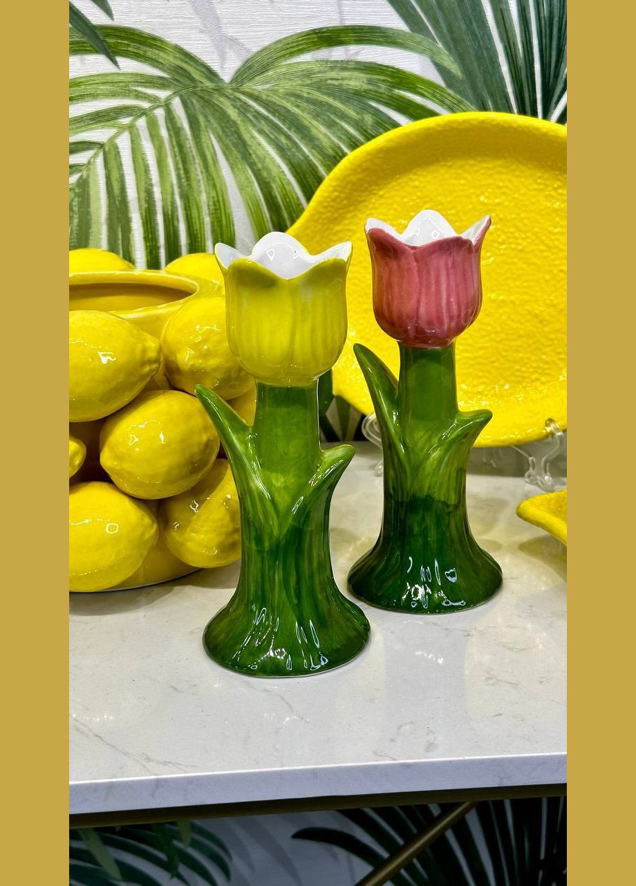 Подсвечник 2 шт керамический Тюльпан D7*17см, асс 2х цветов - розовый и желтый No Brand (300841853)