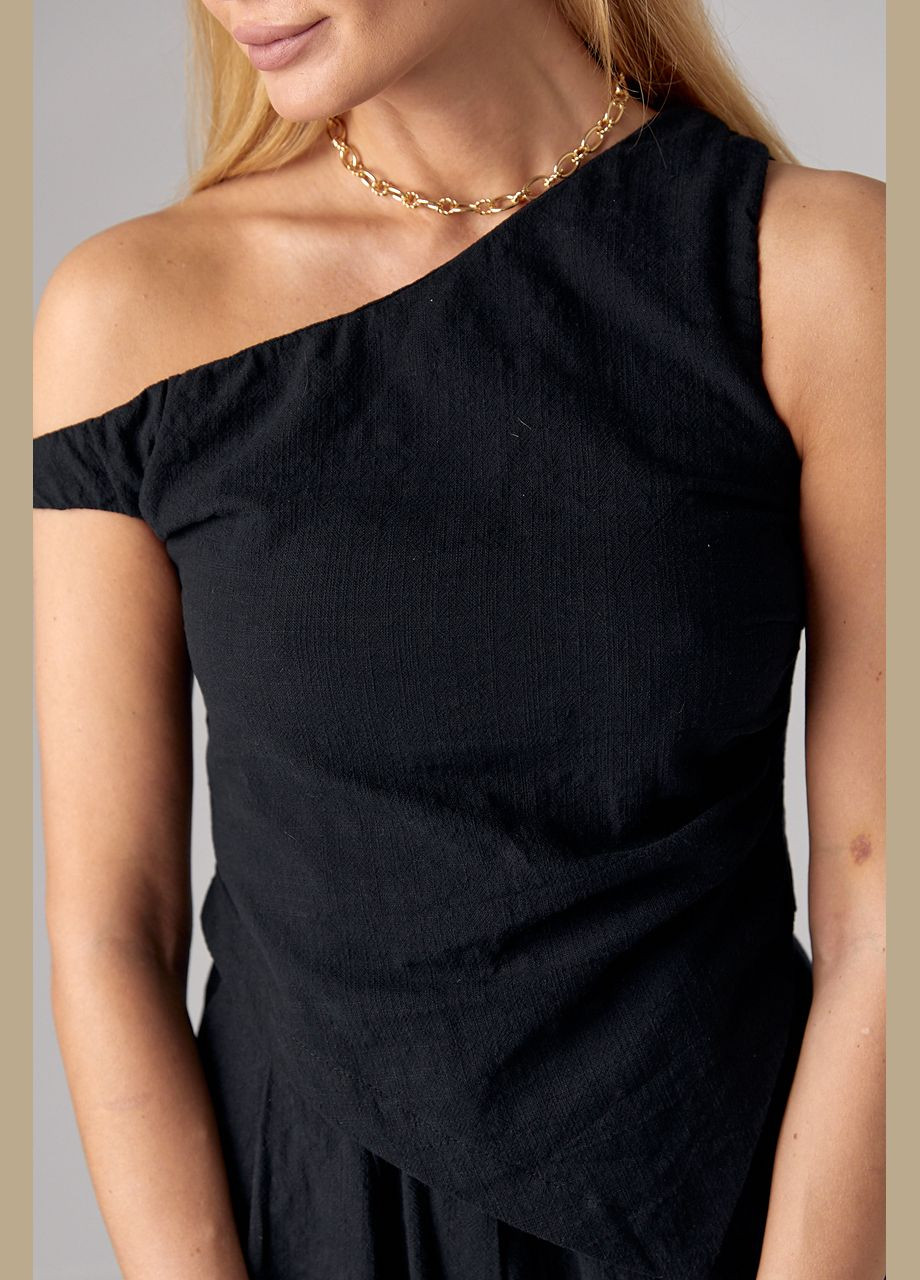 Жіночий лляний костюм із шортами та асиметричним топом - чорний Lurex (297574649)