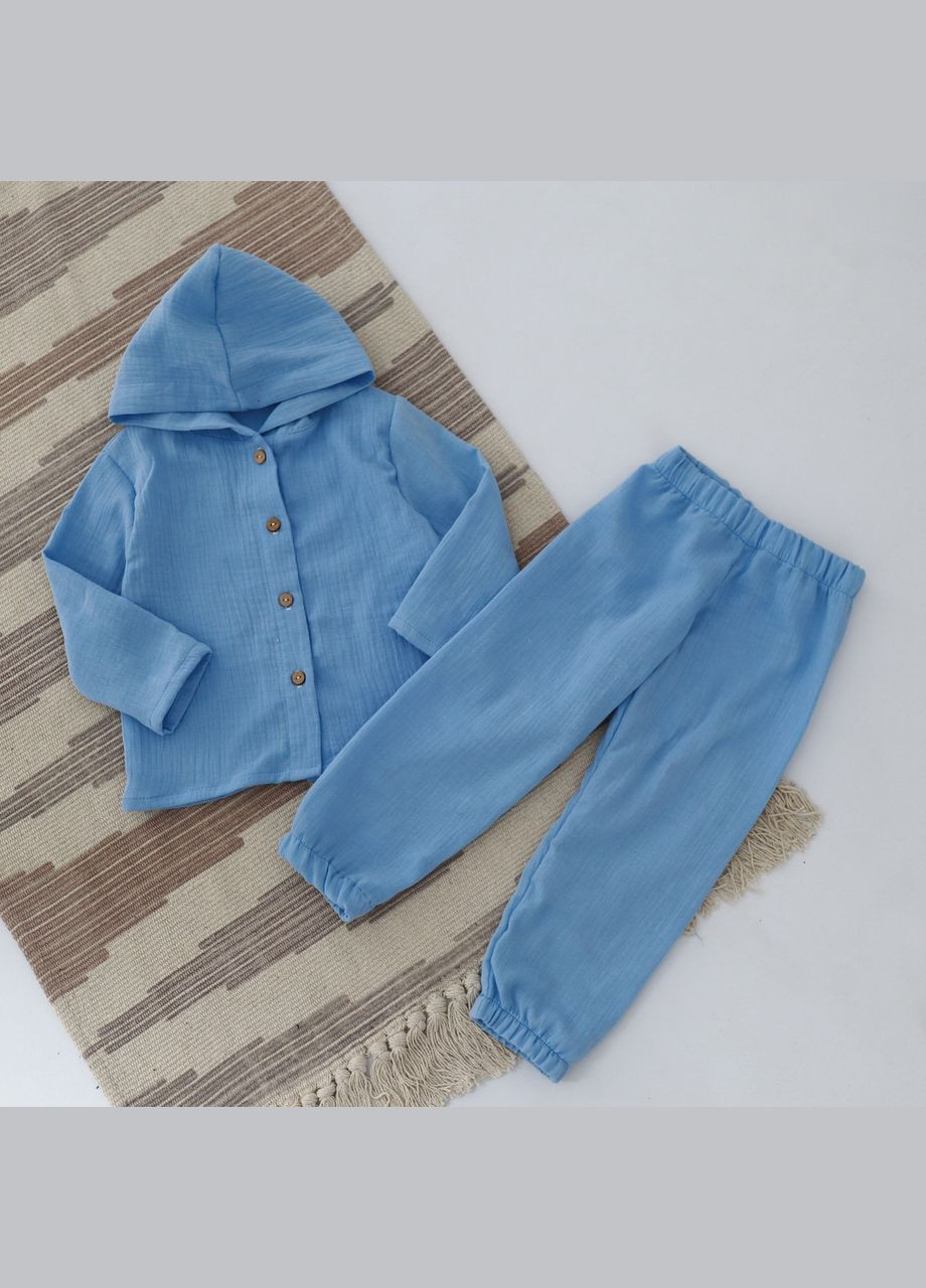 Блакитний літній дитячий мусліновий літній блакитний костюм сорочка з капюшоном штани з сорочкою, брючний No Brand