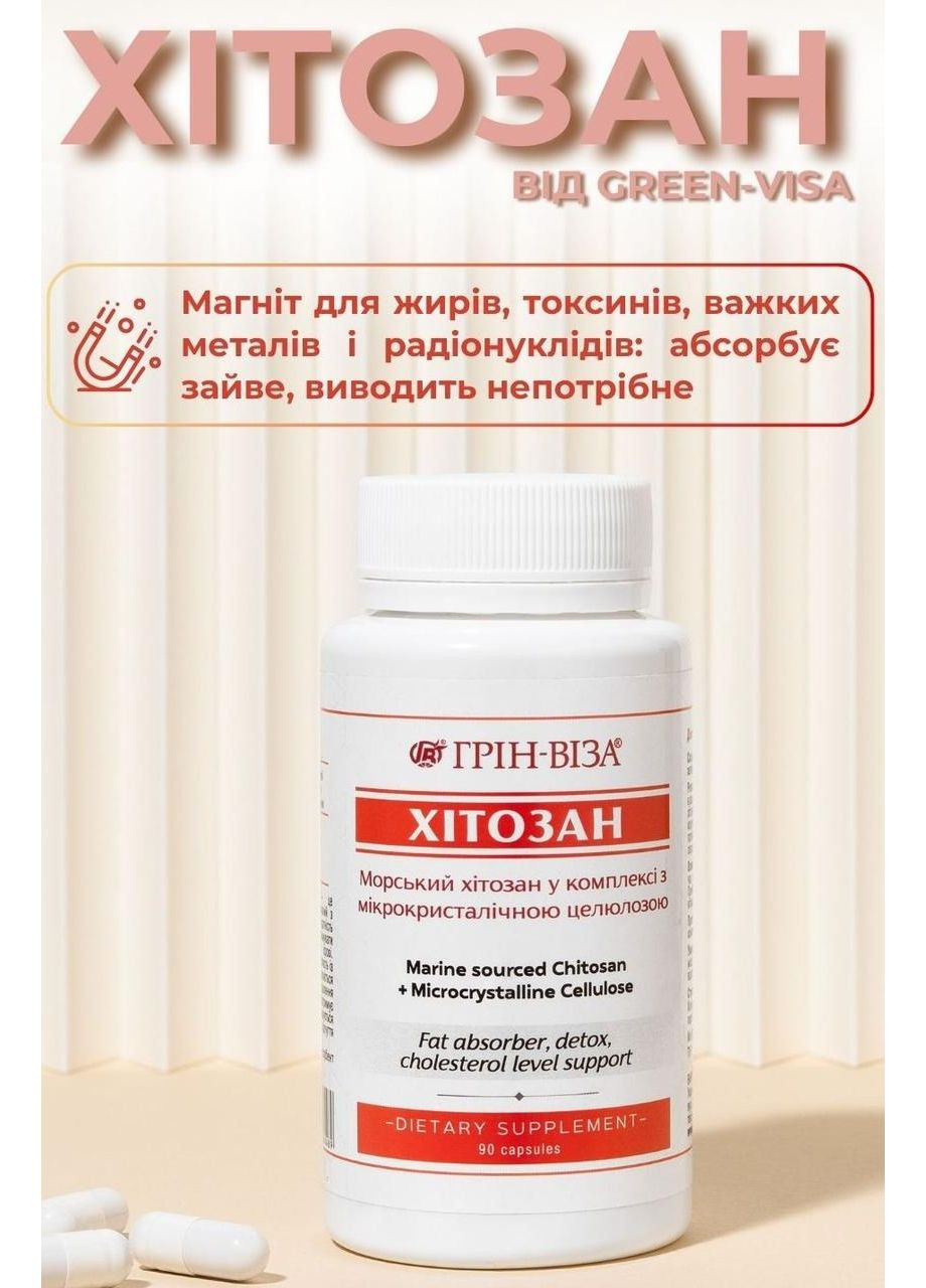 Хитозан 90капс. натуральный абсорбирующий сорбент лишнее выводит ненужное,. Грін-віза (354824550)