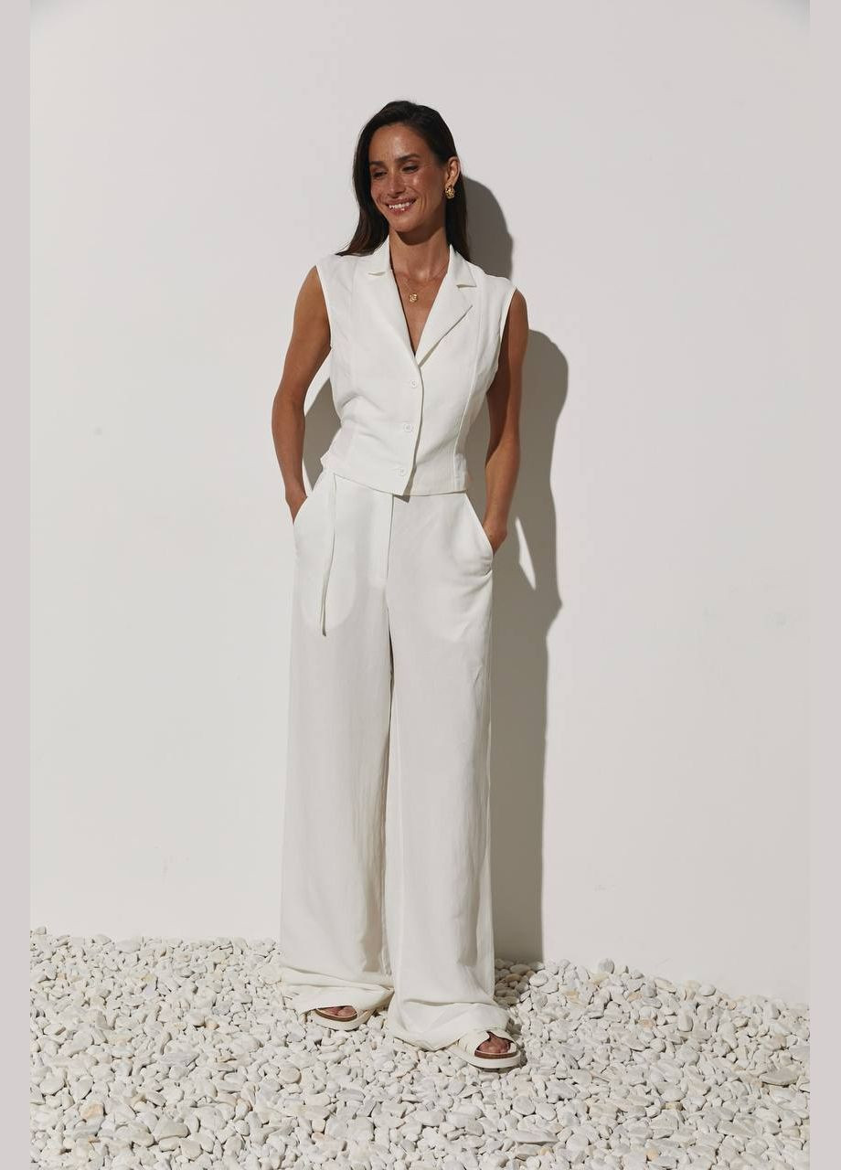 Класичний костюм двійка з якісного льону в білому кольорі, класичний костюм (жилет із затяжкою ззаду+брюки палаццо) No Brand 653-1 (285785904)
