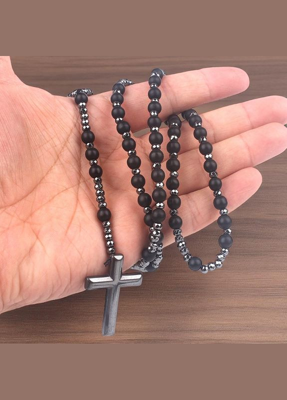 Чётки из натуральных камней с крестом — 70 см, унисекс-аксессуар из обсидиана, тигрового глаза и лазурита No Brand (338379216)