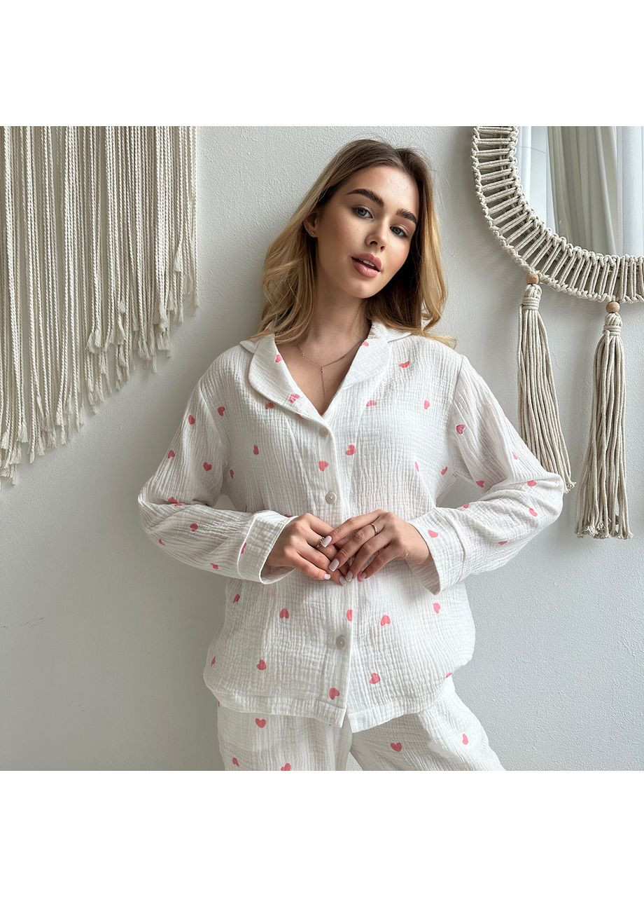 Бордовая женская пижама (рубашка+штаны) муслин белая сердца розовые m210p Cosy