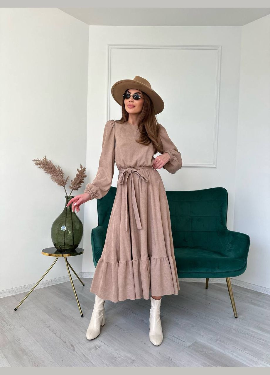 Бежевое кэжуал платье из вельвета No Brand однотонное