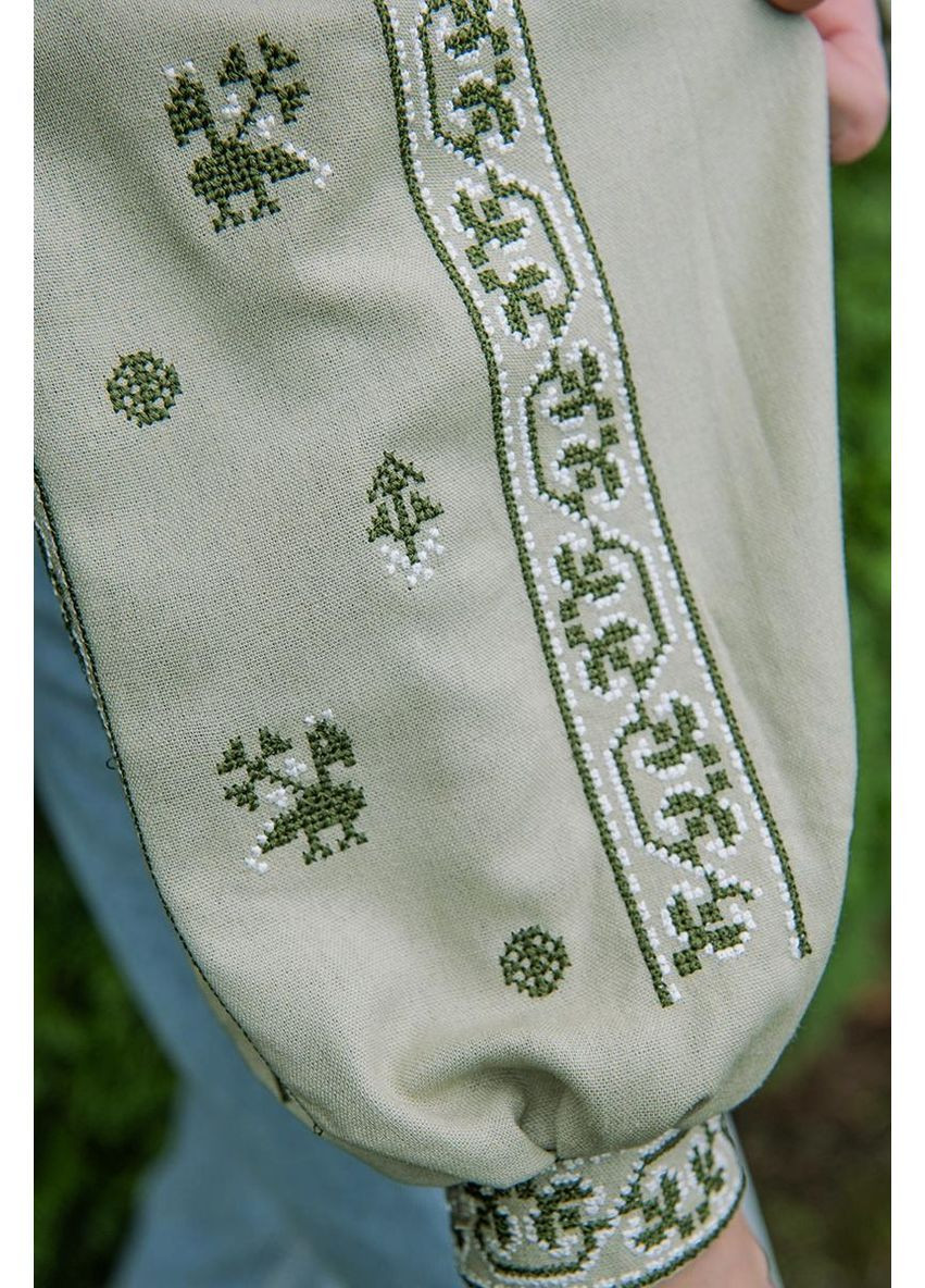 Оливкова лляна вишиванка жіноча з орнаментом довгий рукав V&V візерунок орнамент пряма, приталена, вільна льон (362699696)