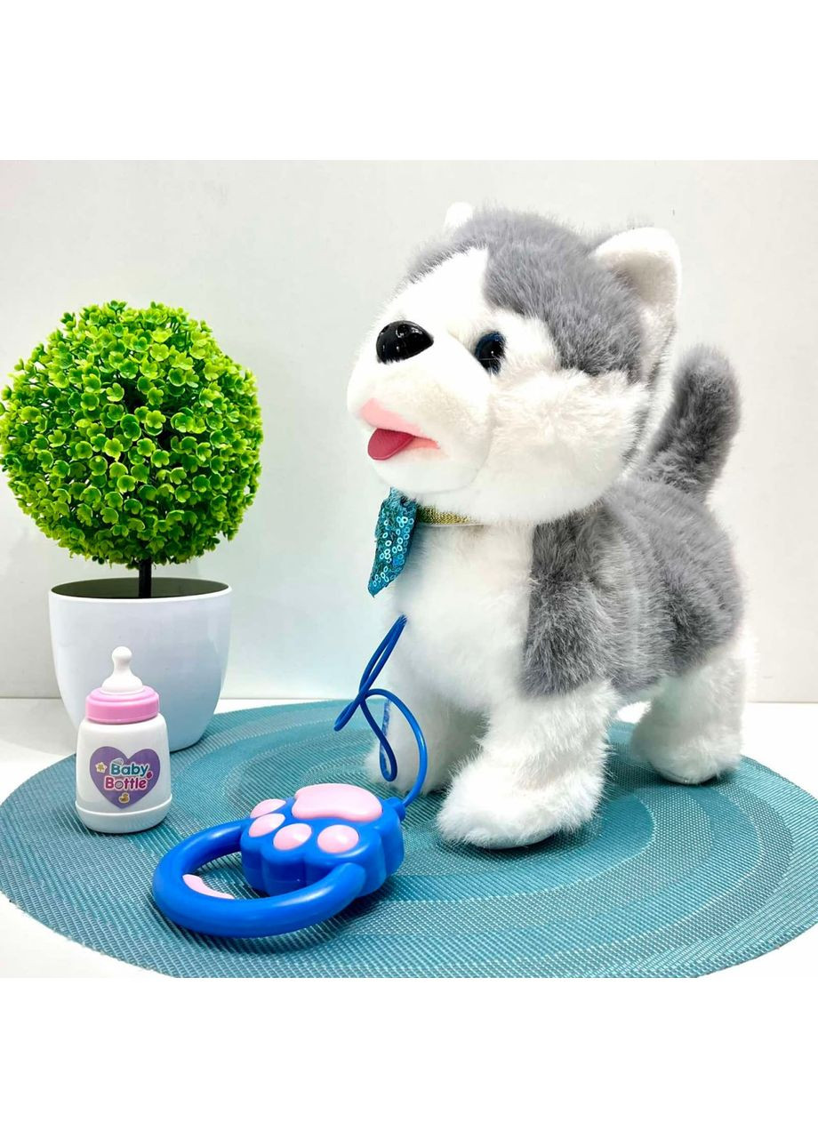 Собачка інтерактивна на повідку ходить махає хвостиком повторюшка 26см Сіра (933-157E) No Brand (363263529)